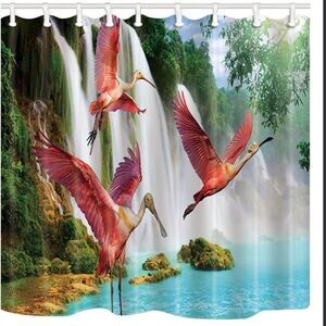 Flamingo Shower Curtain, Fantasy Forest Fairy Lake Waterfall Valley Nature Scene